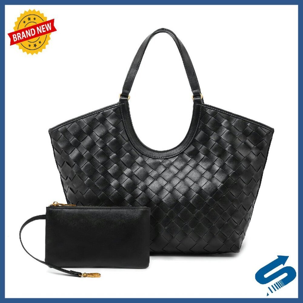 Hand-Woven Leather Tote Bag with Magnetic Closure & Removable Pouch